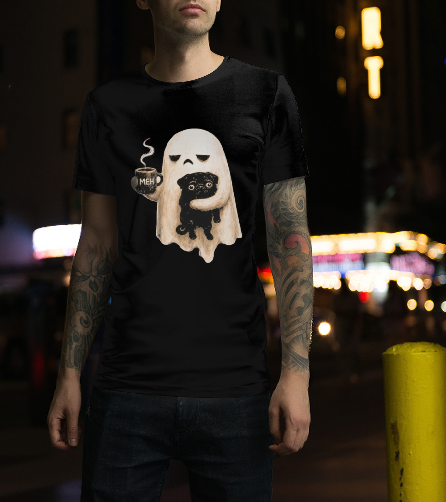 Halloween Meh Ghost Holding Black Pug Dog Lover T-Shirt