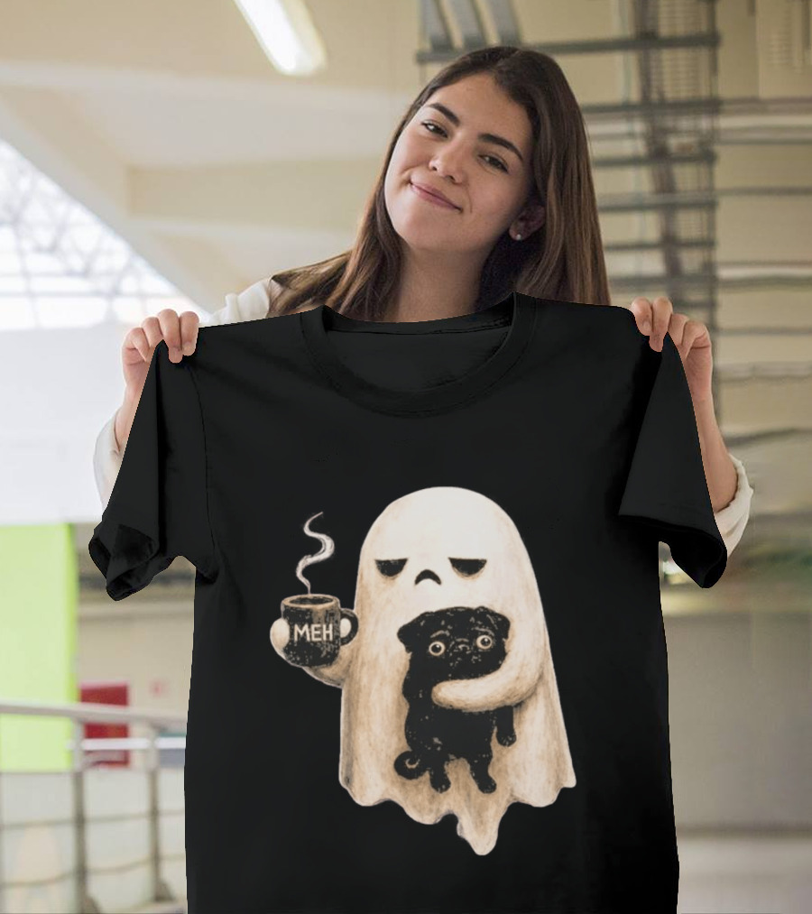 Halloween Meh Ghost Holding Black Pug Dog Lover T-Shirt