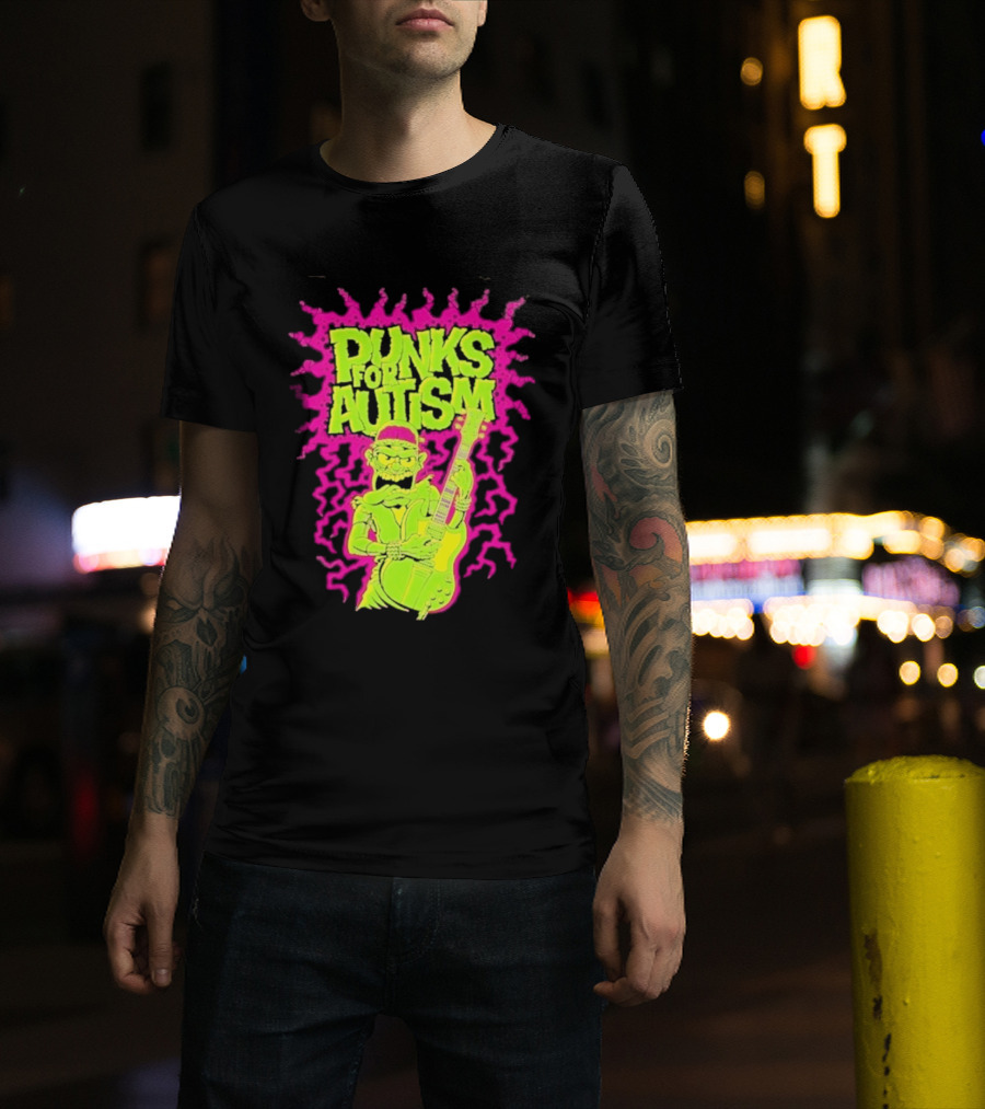 Punks For Autism Frankenstein Guitar Player Neon Rock T-Shirt