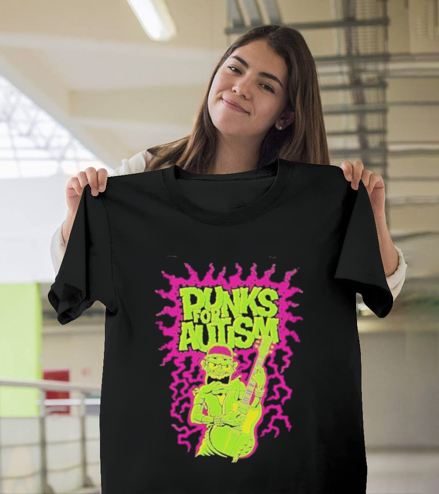 Punks For Autism Frankenstein Guitar Player Neon Rock T-Shirt