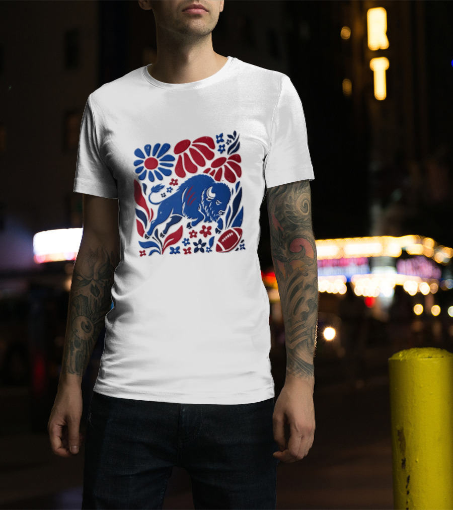 Buffalo Bills Charging Buffalo Red Blue Flowers Football T-Shirt