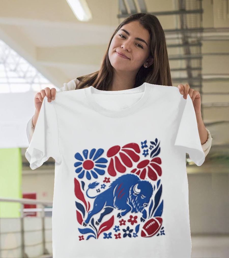 Buffalo Bills Charging Buffalo Red Blue Flowers Football T-Shirt