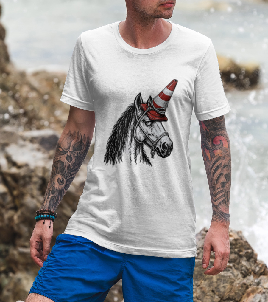 Horse Wearing Red Traffic Cone Hat Rope Accessory T-Shirt
