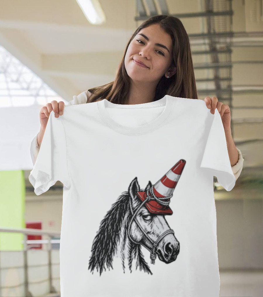 Horse Wearing Red Traffic Cone Hat Rope Accessory T-Shirt