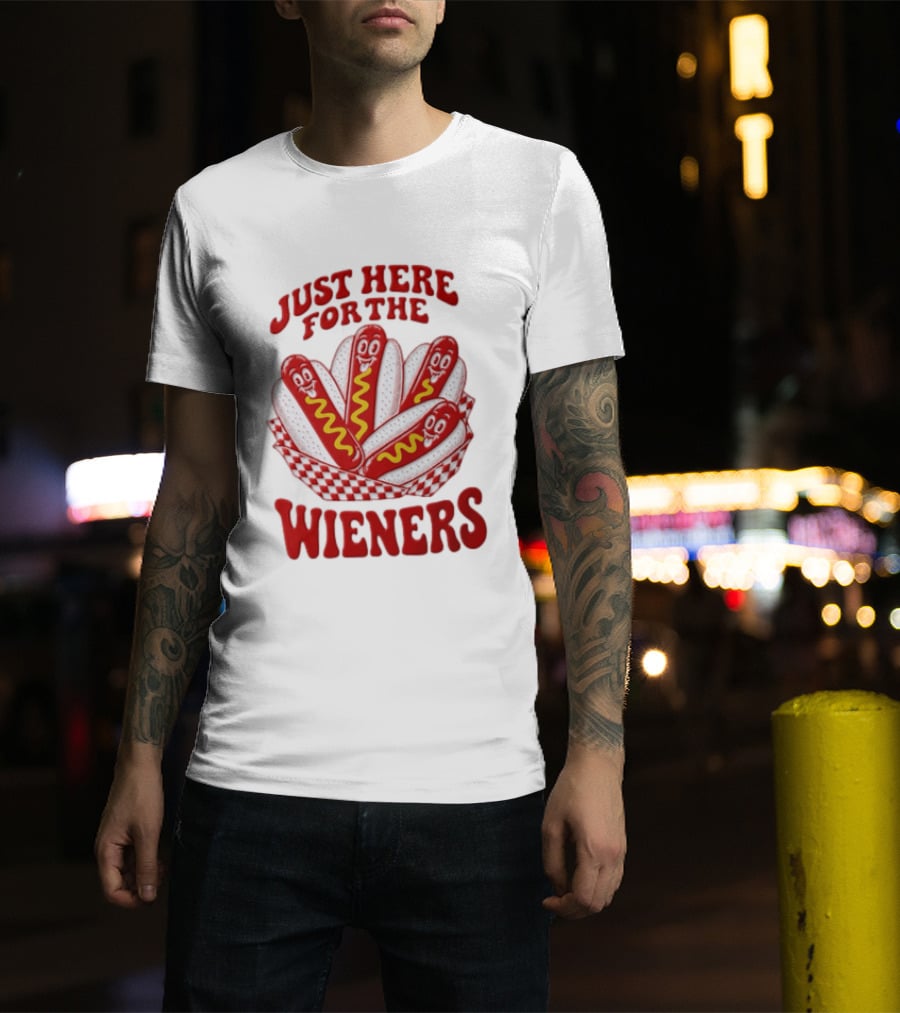Just Here For The Wieners Four Cartoon Hot Dogs Mustard T-Shirt