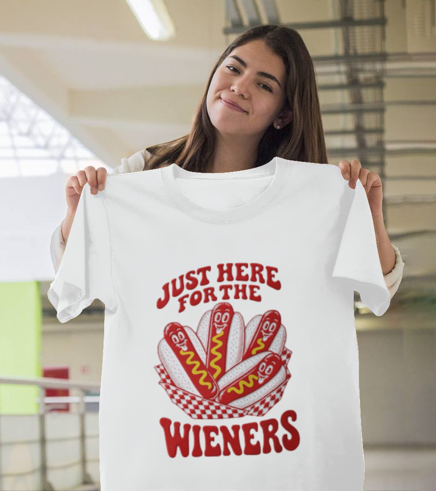 Just Here For The Wieners Four Cartoon Hot Dogs Mustard T-Shirt