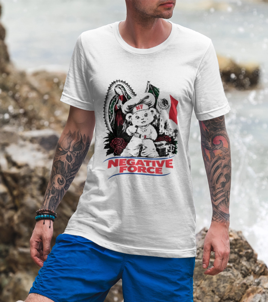 Negative Force Bear With Mexican Flag Virgin Mary Roses T-Shirt