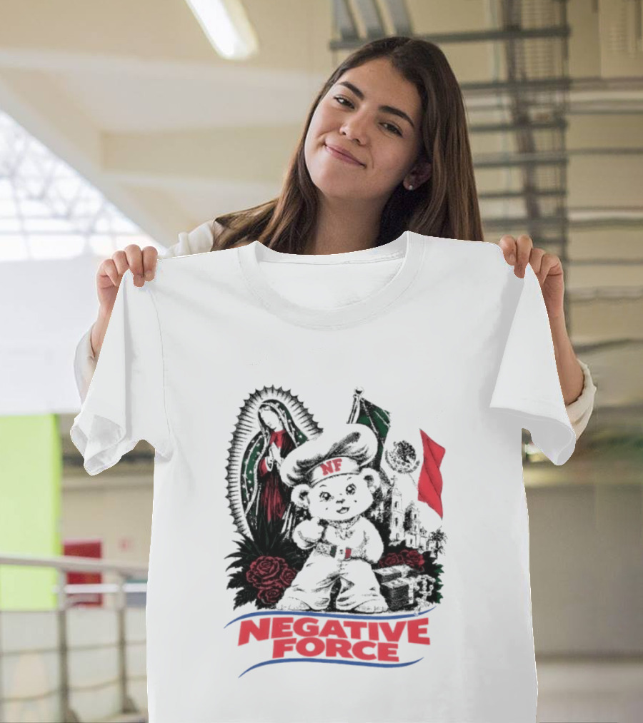 Negative Force Bear With Mexican Flag Virgin Mary Roses T-Shirt