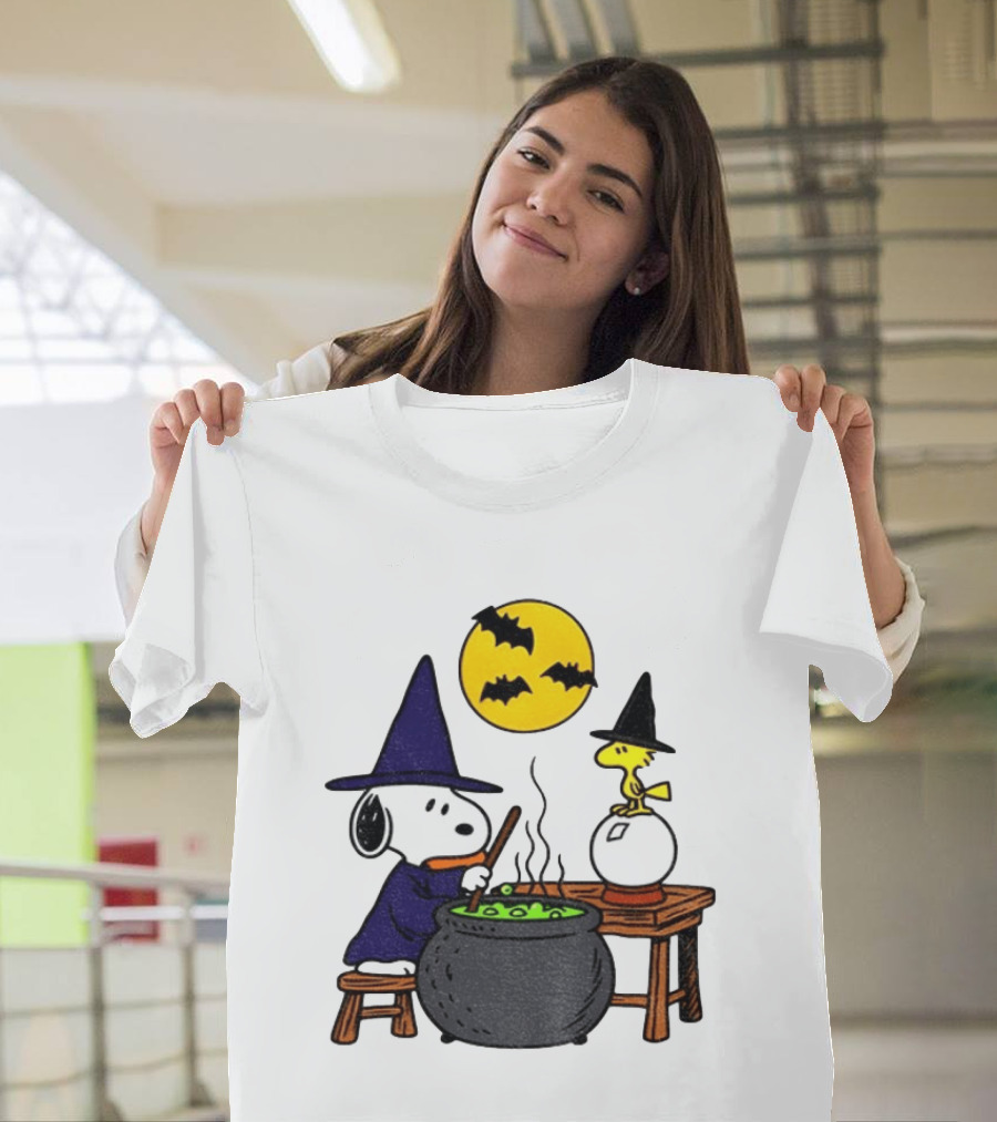 Snoopy Witch Cauldron Woodstock Crystal Ball Halloween Moon Bats T-Shirt