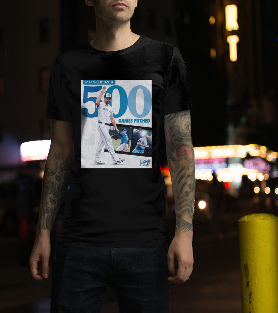 Max Scherzer 500 Games Pitched Blue Jays 50 T-Shirt