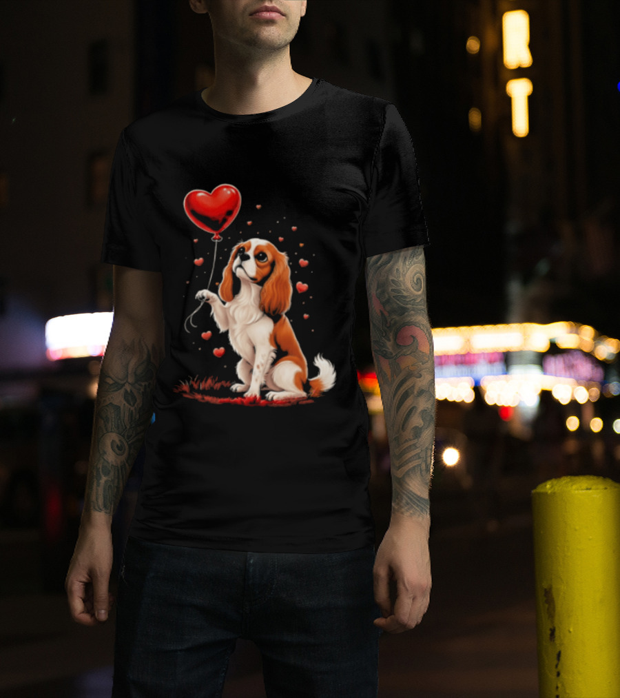 Cavalier King Charles Spaniel With Heart Balloon Surrounded By Floating Hearts T-Shirt
