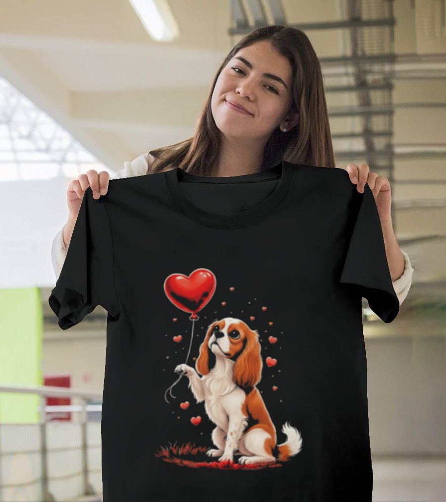 Cavalier King Charles Spaniel With Heart Balloon Surrounded By Floating Hearts T-Shirt