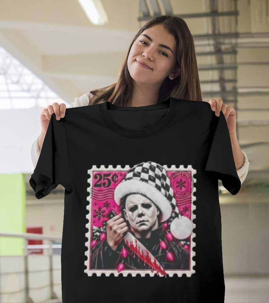 Cincinnati Bengals Michael Myers 25 Cent Checkerboard Santa Hat Holding Knife Pink T-Shirt
