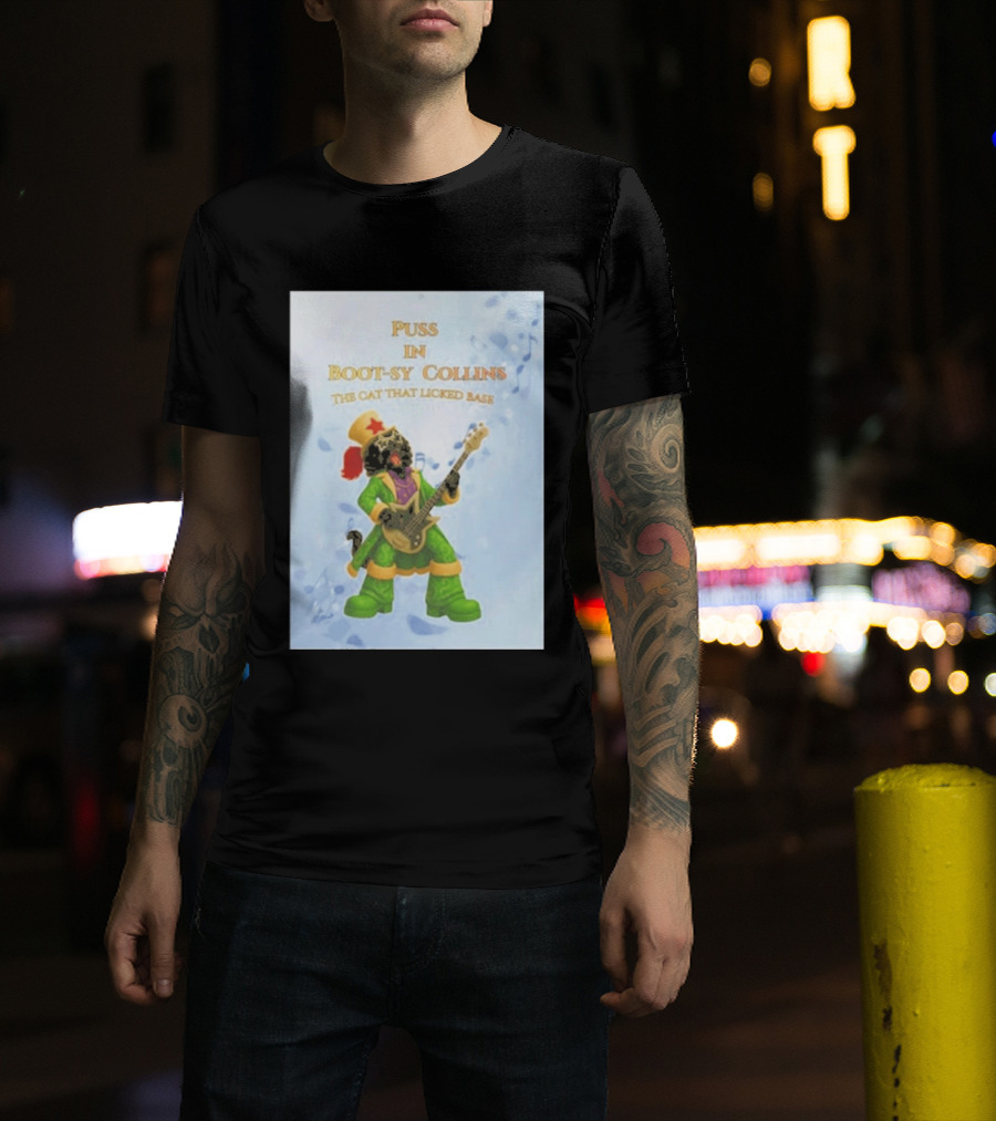 Puss In Bootsy Collins The Cat That Licked Base Green Costume Star Hat Guitar Player T-Shirt