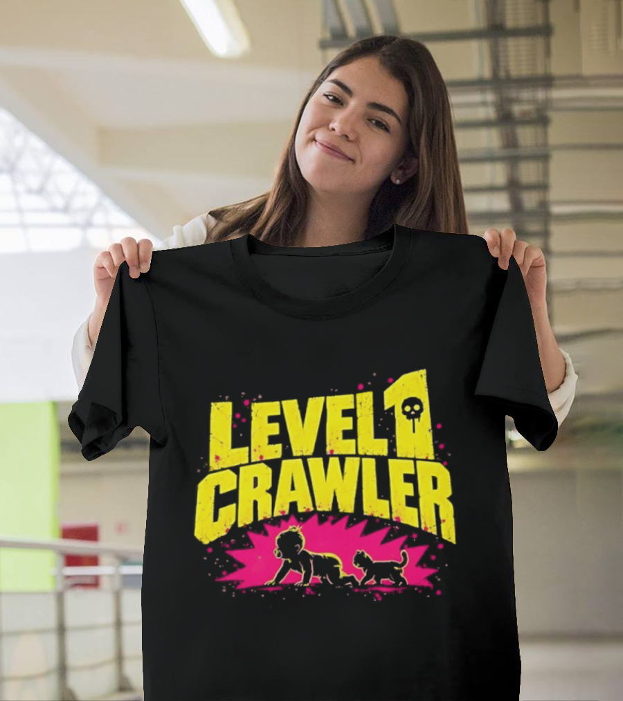 Level 1 Crawler Baby And Kitten Gamer Gaming Fun Adventure T-Shirt