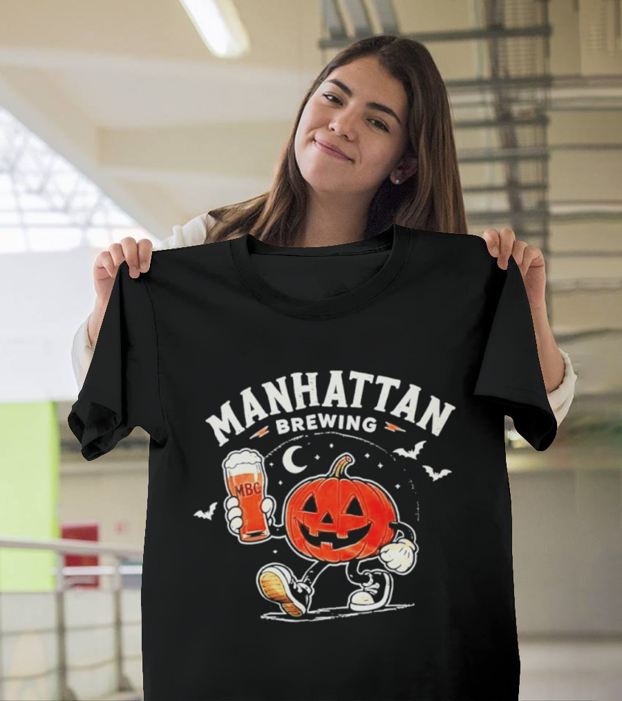 Manhattan Brewing Distressed Pumpkin Moon Walking Beer Halloween T-Shirt