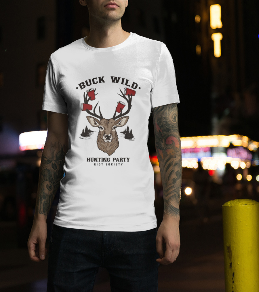 Buck Wild Hunting Party Riot Society Deer Antler Cups T-Shirt