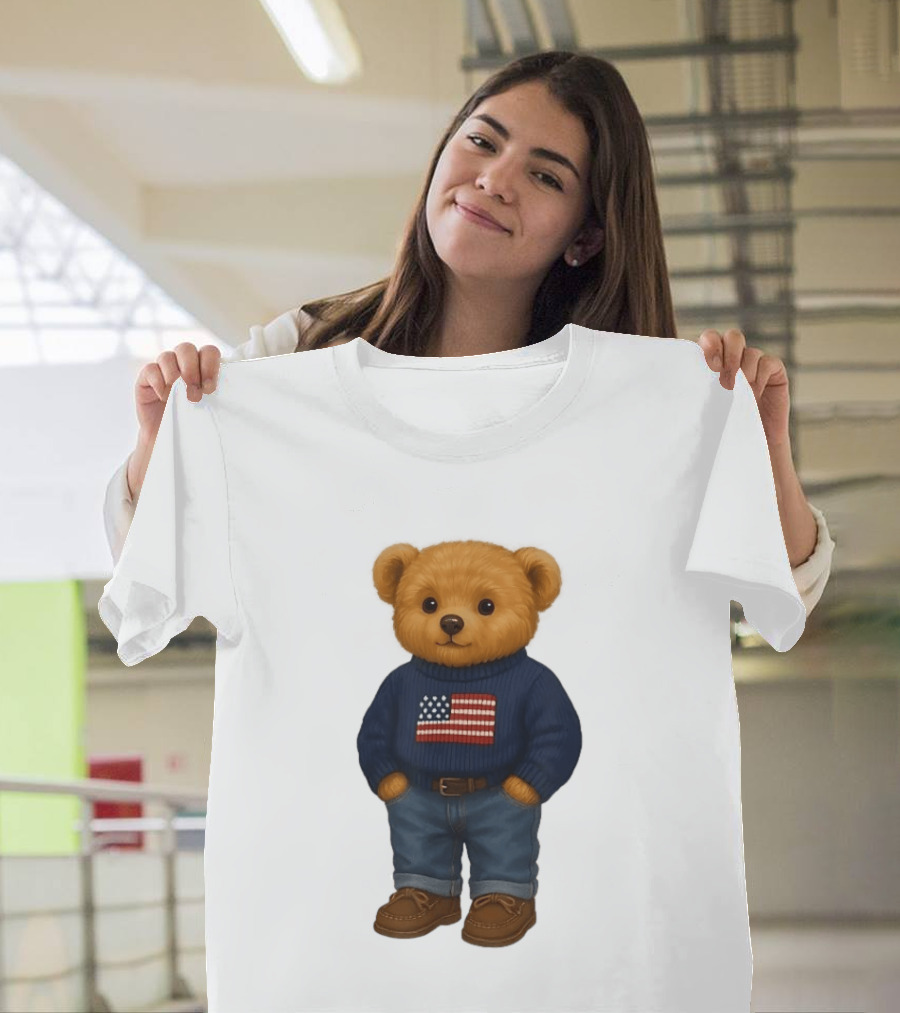 Polo Bear Sweater With American Flag Knit Fashion T-Shirt