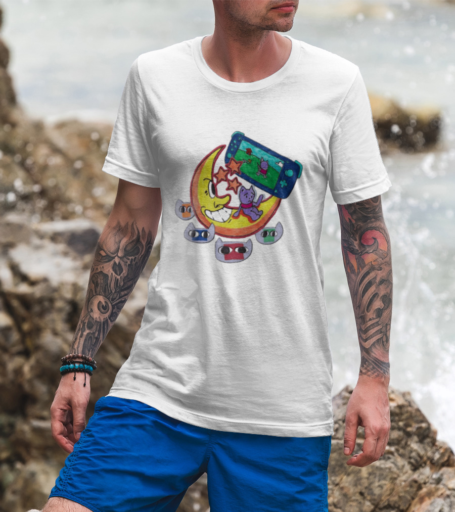 Purple Bear Gaming On Moon With Sunflowers And Dogs Whimsical Two Sided T-Shirt