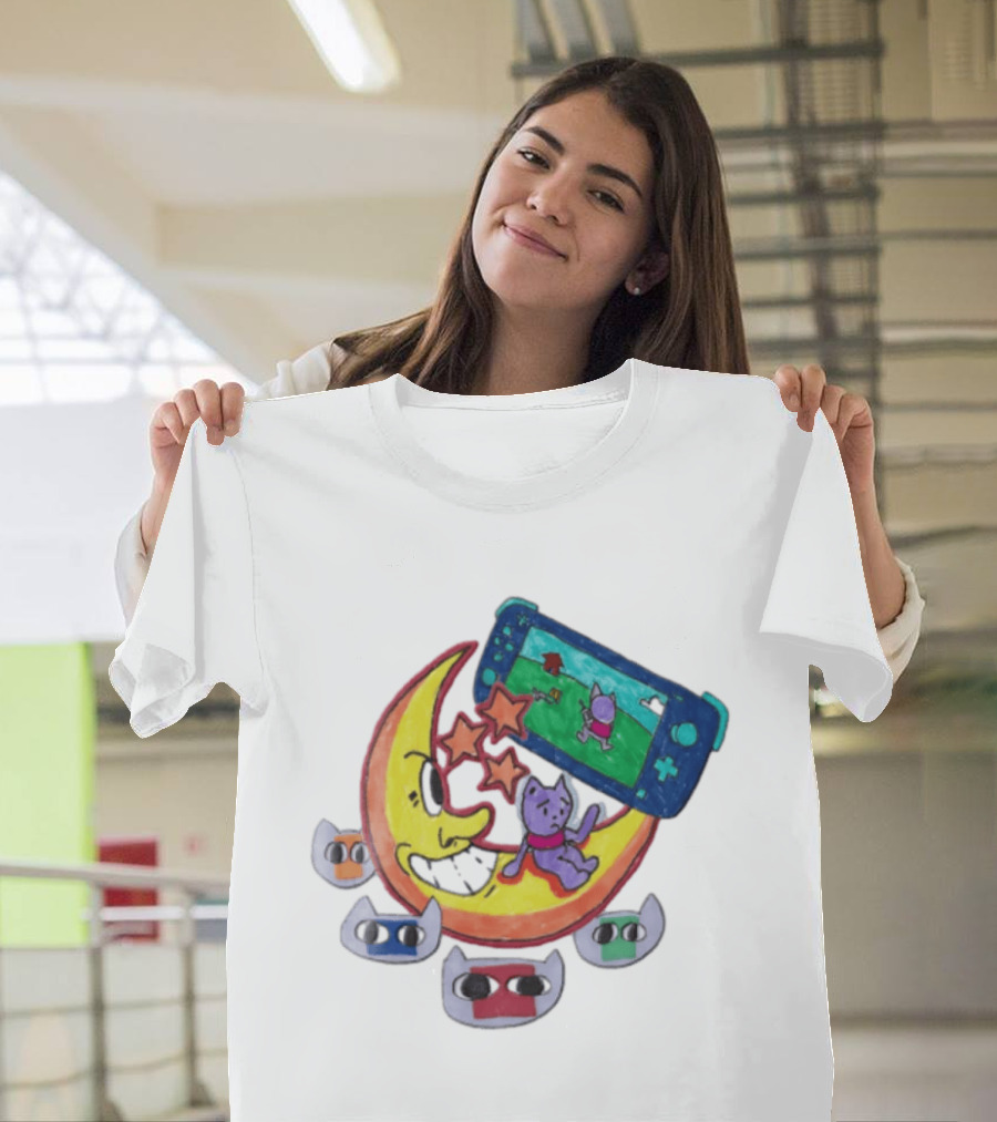 Purple Bear Gaming On Moon With Sunflowers And Dogs Whimsical Two Sided T-Shirt