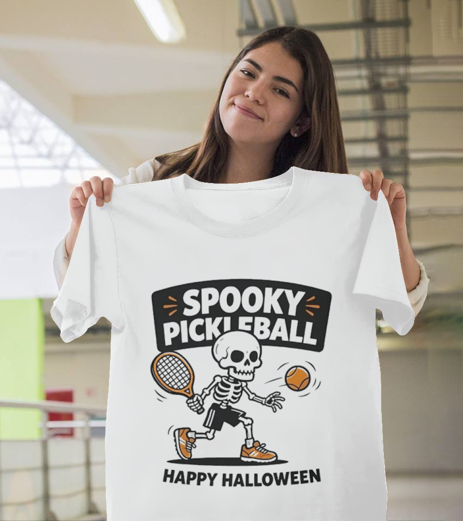 Spooky Pickleball Skeleton Halloween T-Shirt