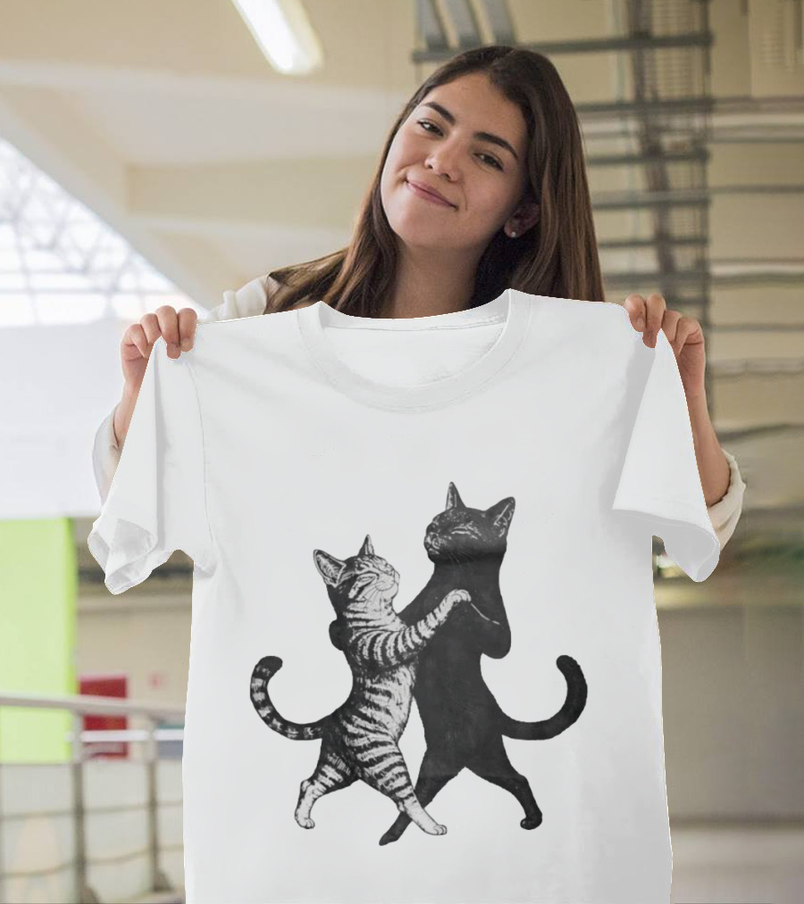 Two Cats Dancing Together Feline Black And White Playful Duo T-Shirt