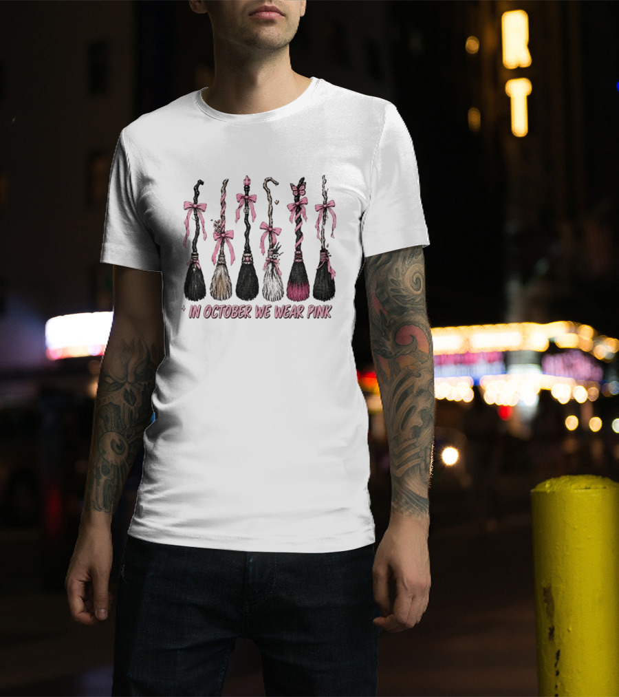 In October We Wear Pink Witch Brooms Breast Cancer Awareness T-Shirt