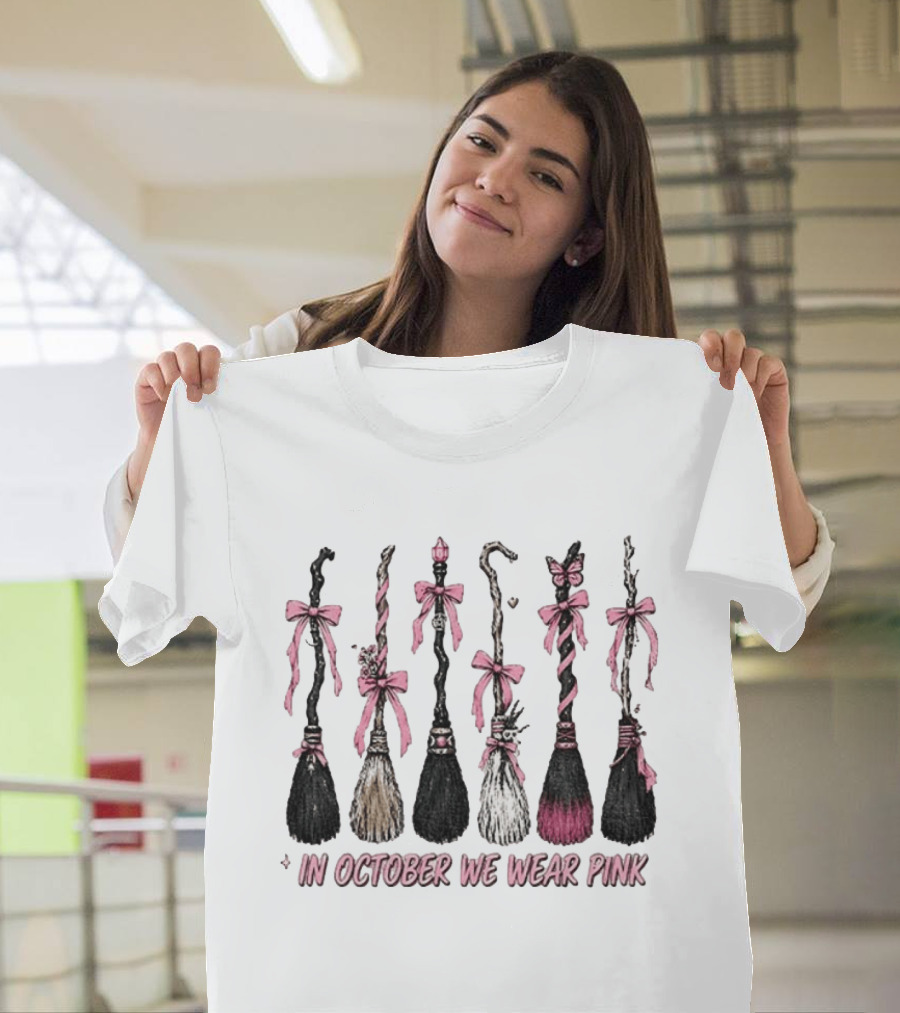 In October We Wear Pink Witch Brooms Breast Cancer Awareness T-Shirt