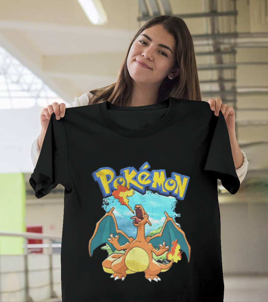 Pokemon Charizard Breathing Fire In Green Landscape T-Shirt