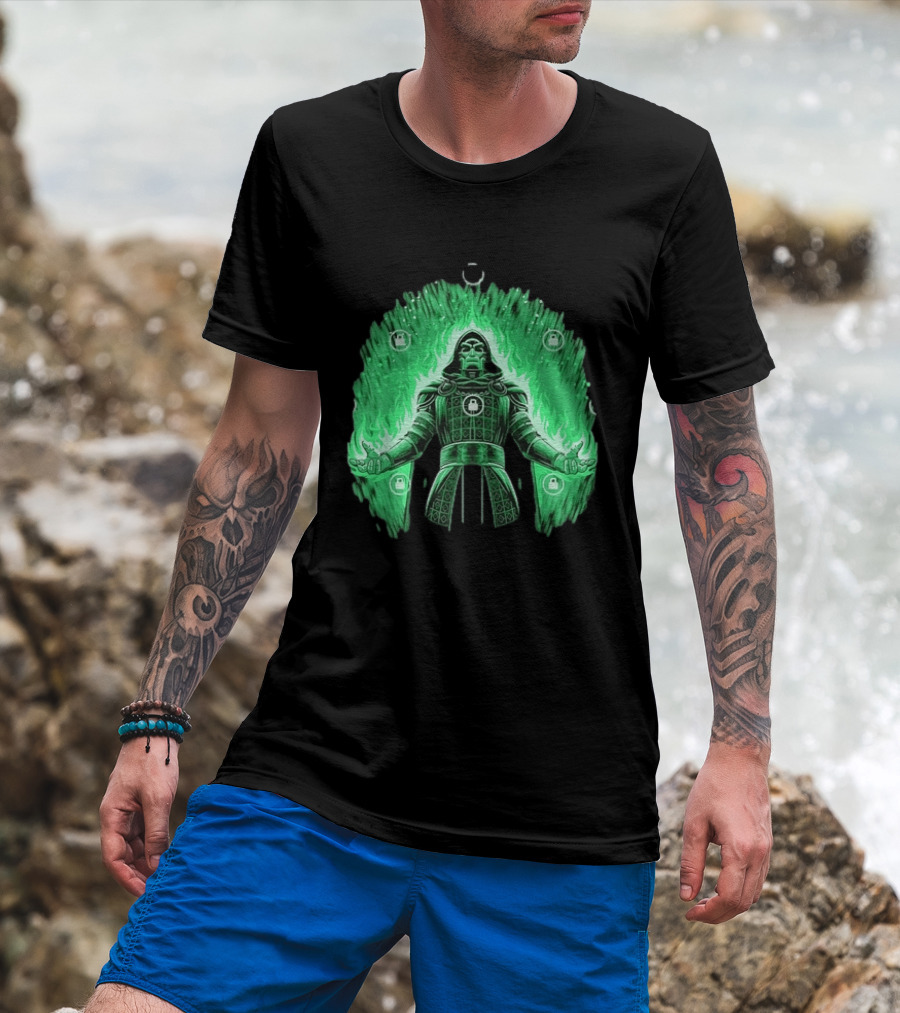 Doctor Doom Marvel Villain Green Flame Power Locked T-Shirt