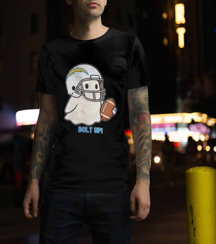 Los Angeles Chargers Bolt Up Ghost Football Helmet Holding Ball T-Shirt