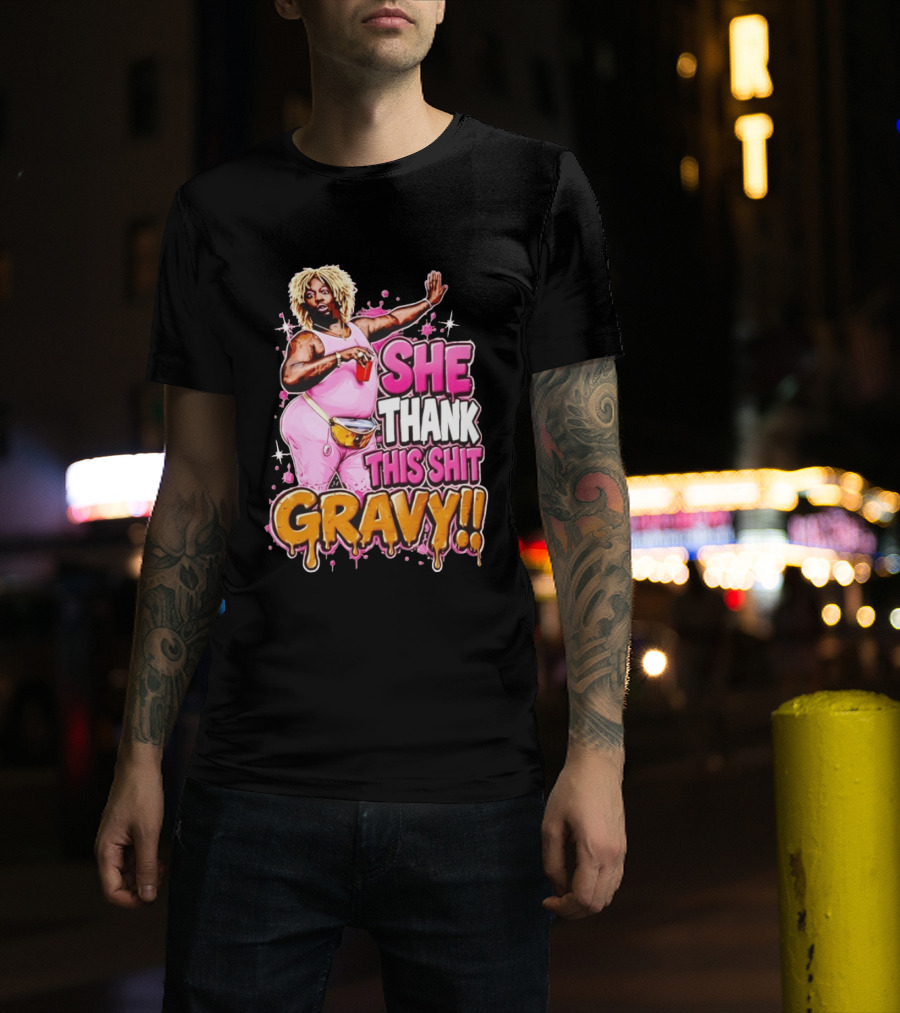 Yung Gravy She Thank This Shit Gravy Rapper Pink Outfit Drink Pose T-Shirt