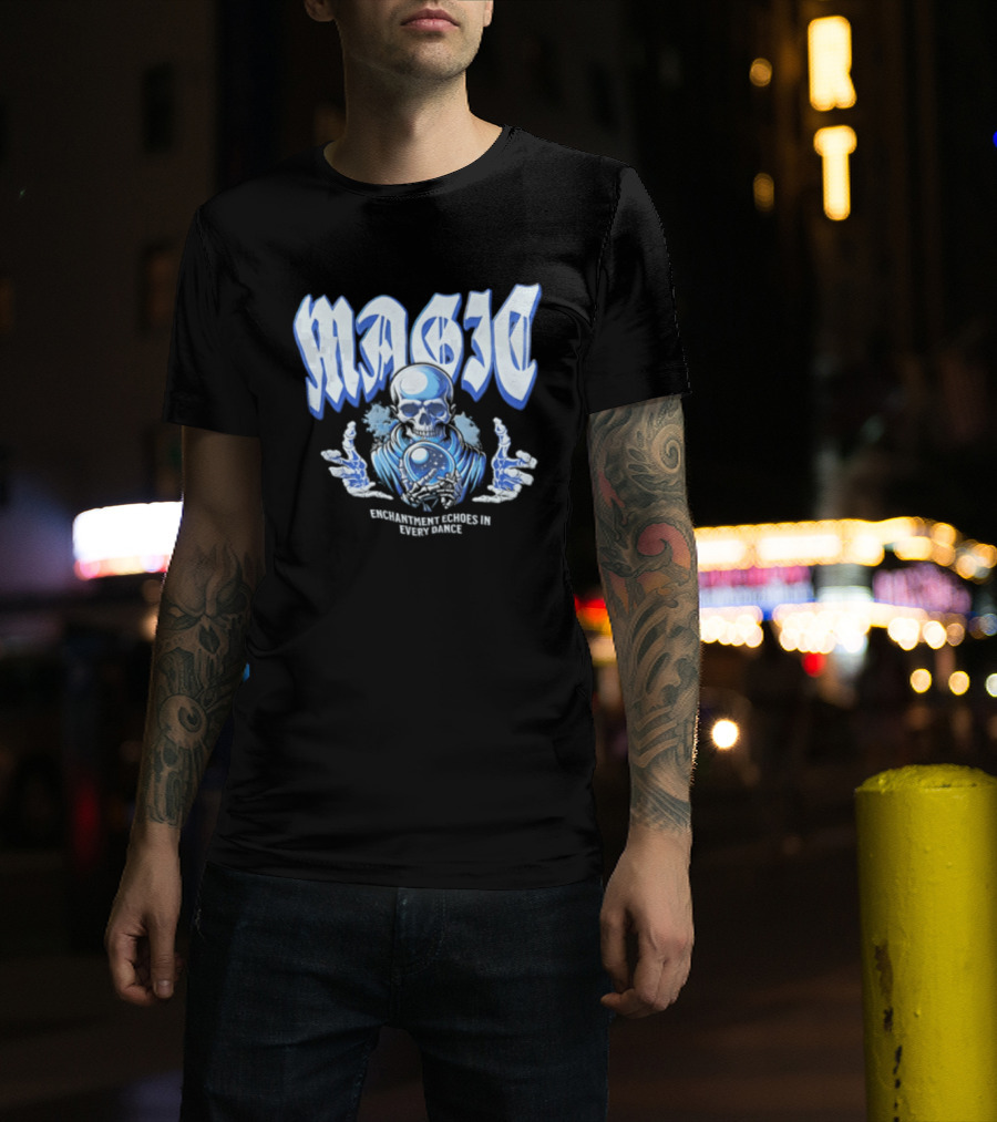 Magic Enchantment Echoes Skeleton Holding Glowing Crystal Ball T-Shirt