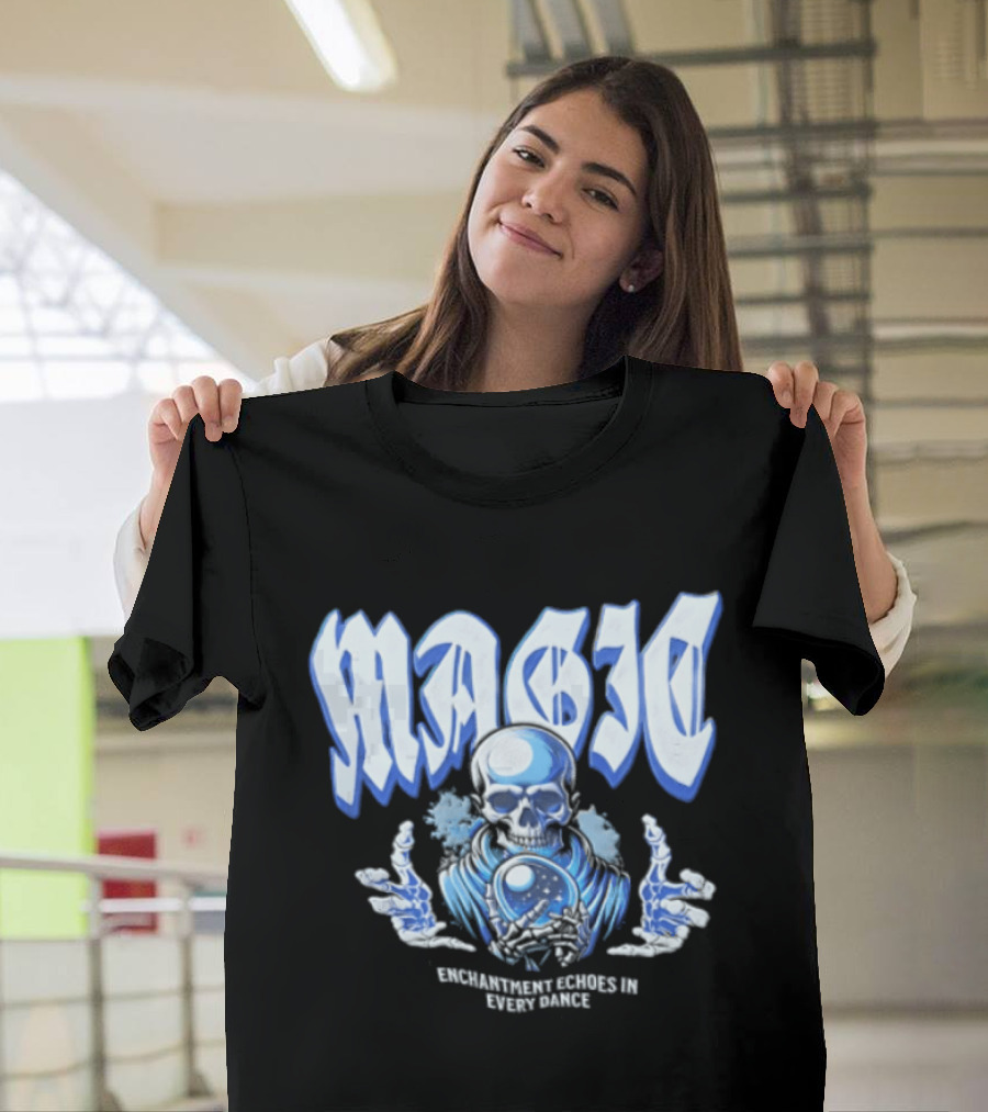 Magic Enchantment Echoes Skeleton Holding Glowing Crystal Ball T-Shirt