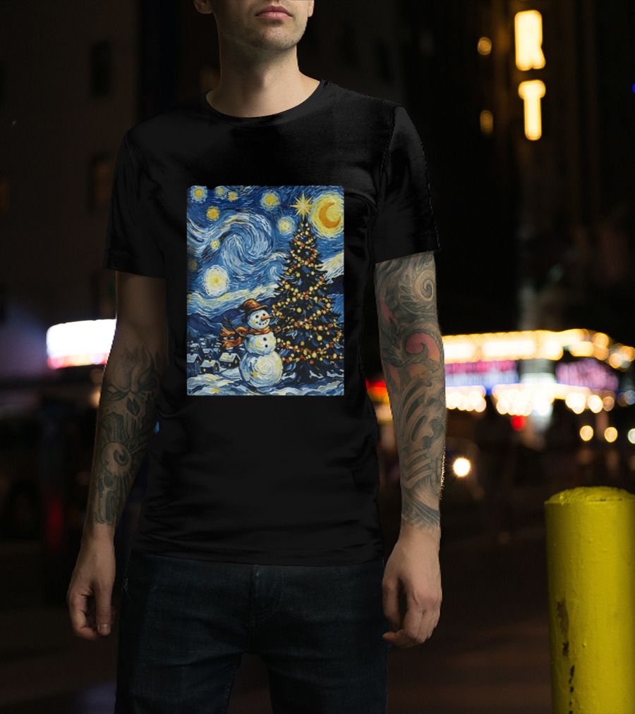 Starry Snowman Christmas Night With Tree And Sky T-Shirt