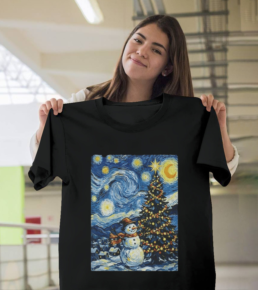 Starry Snowman Christmas Night With Tree And Sky T-Shirt