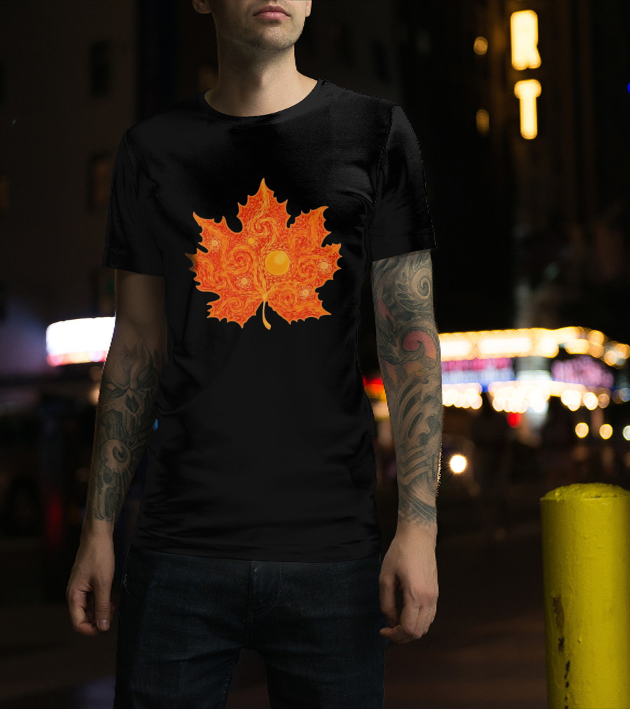 Starry Night Orange Maple Leaf Autumn Swirl T-Shirt
