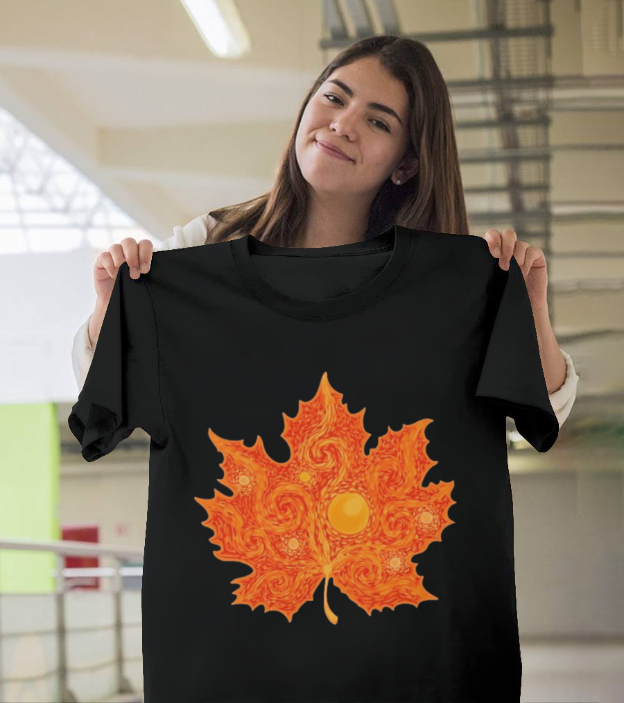 Starry Night Orange Maple Leaf Autumn Swirl T-Shirt