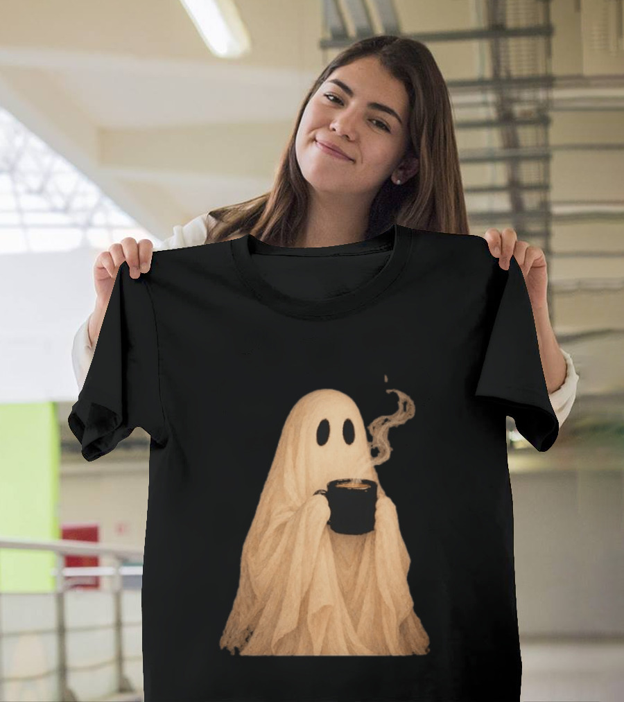 Ghost Spooky Coffee Bar Halloween Cozy Ghost Holding Coffee Steam T-Shirt