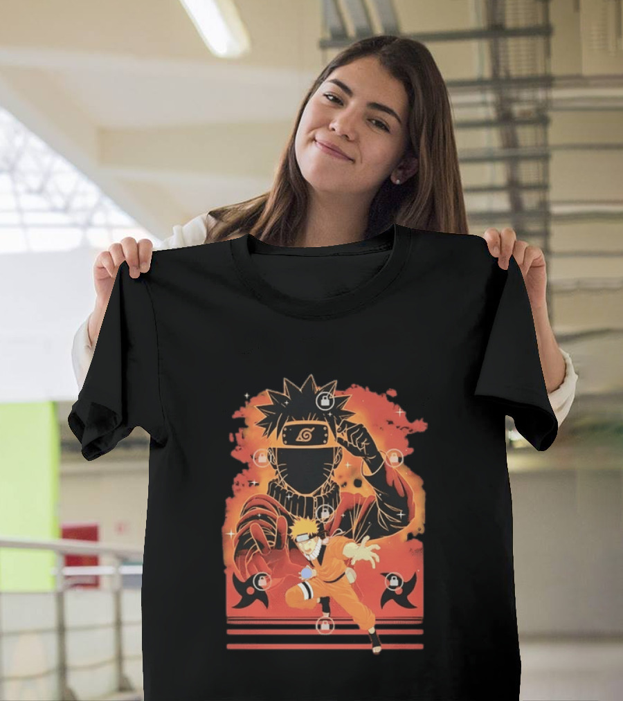 Naruto Uzumaki Ninja Action Anime Manga Shadow Clone Jutsu Shuriken Flames T-Shirt