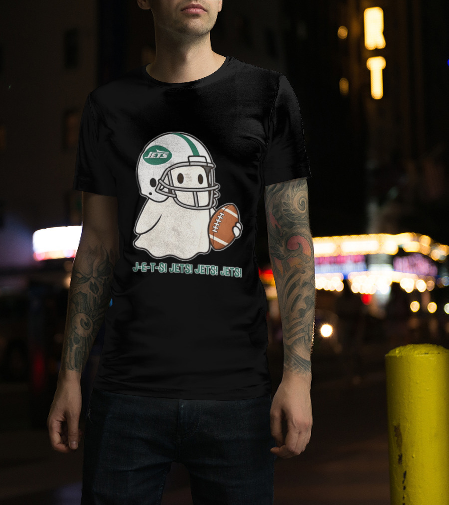 J E S Jets Jets Jets New York Jets Football Helmet Ghost Holding Football T-Shirt