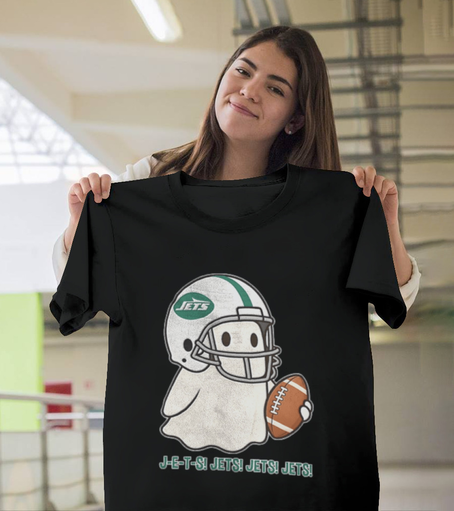 J E S Jets Jets Jets New York Jets Football Helmet Ghost Holding Football T-Shirt