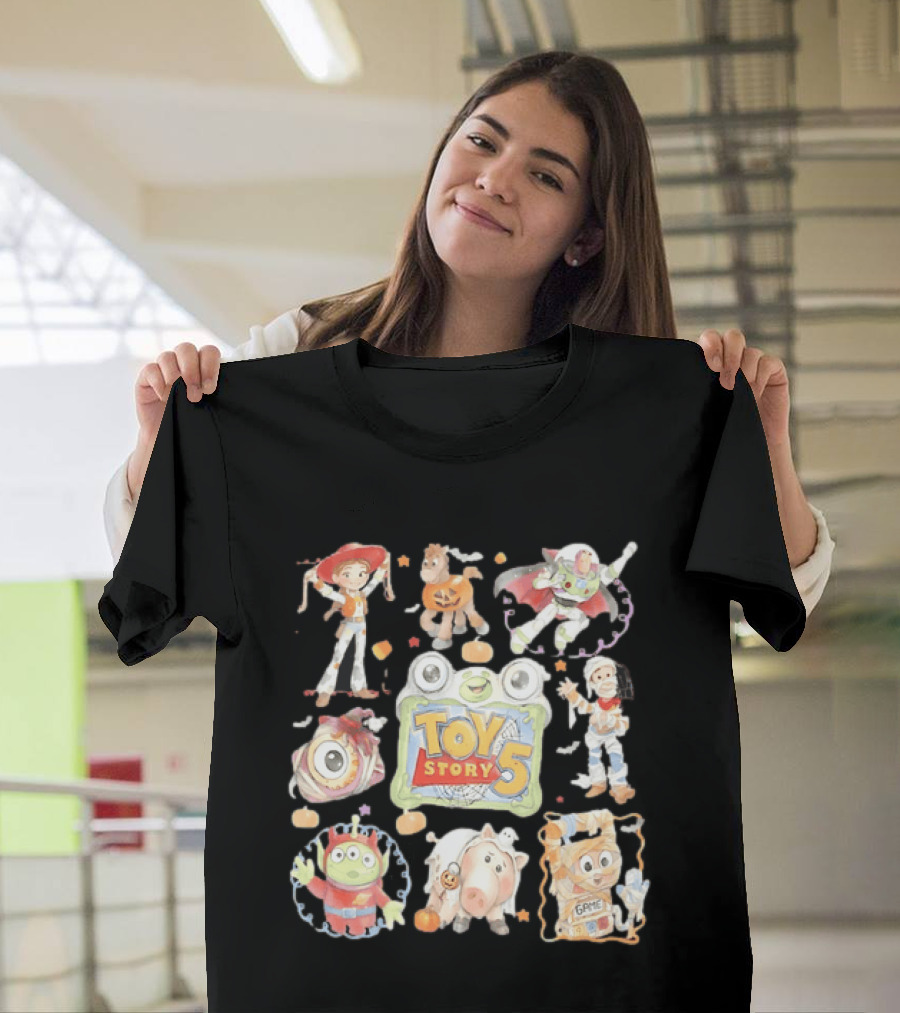 Toy Story 5 Halloween 2026 Buzz Woody Jessie Hamm Alien Potato Rex Bo Peep Slinky Decorations T-Shirt