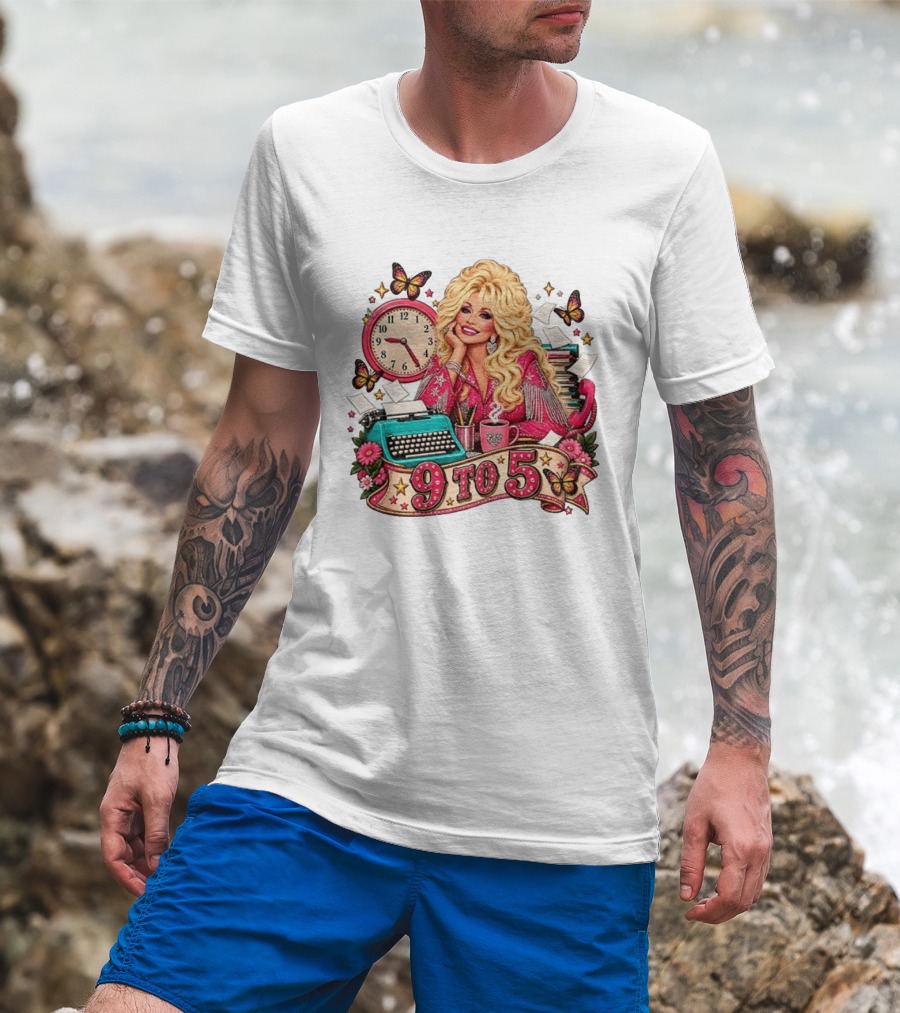 9 To 5 Dolly Parton Music Western Cowgirl Icon With Butterflies And Typewriter T-Shirt