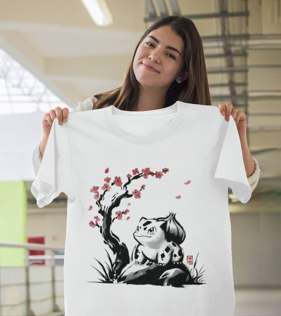 Bulbasaur Sumi E Ink Wash Painting With Cherry Blossom Pokemon T-Shirt