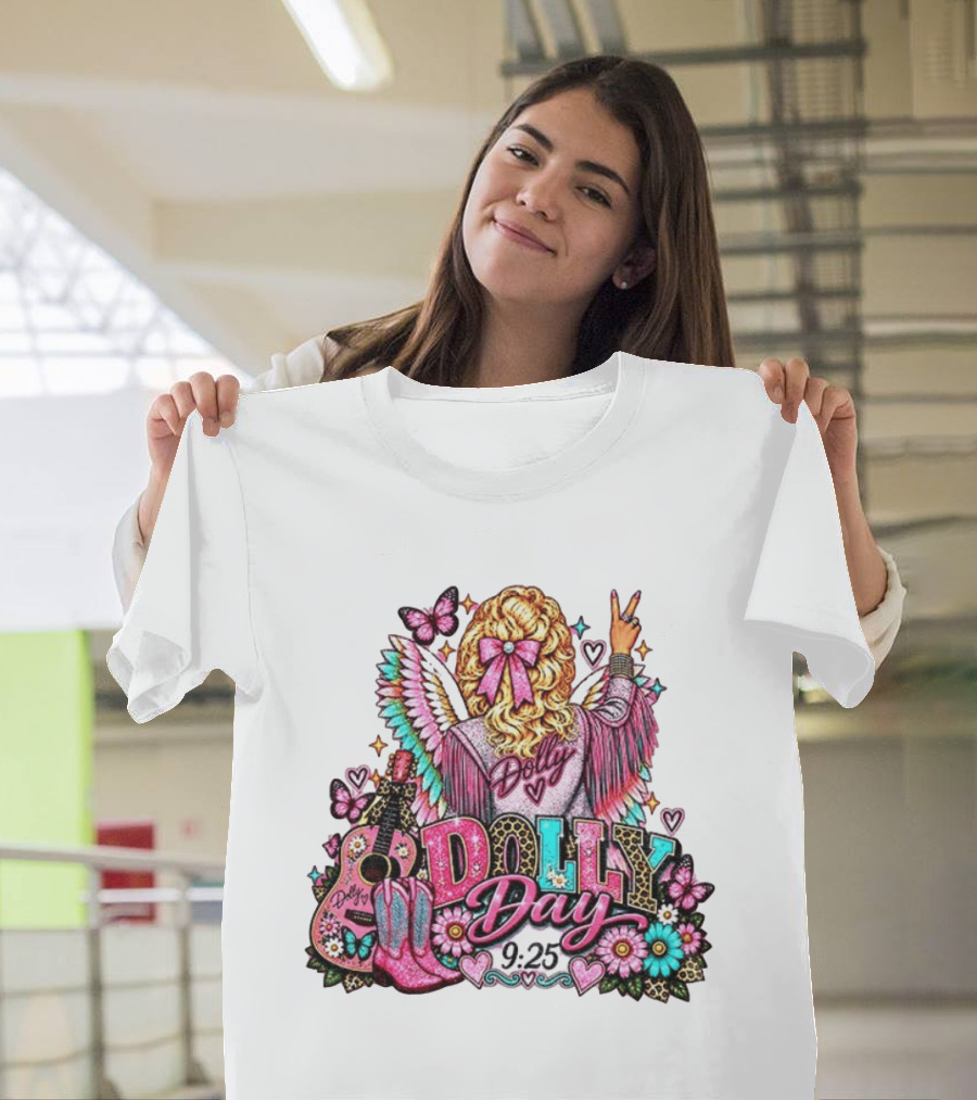 Dolly Day 9.25 Pink Cowgirl Boots Guitar Western Butterflies Hearts T-Shirt