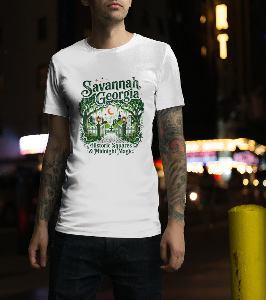 Savannah Georgia Historic Squares Midnight Magic Crescent Moon And Lanterns T-Shirt