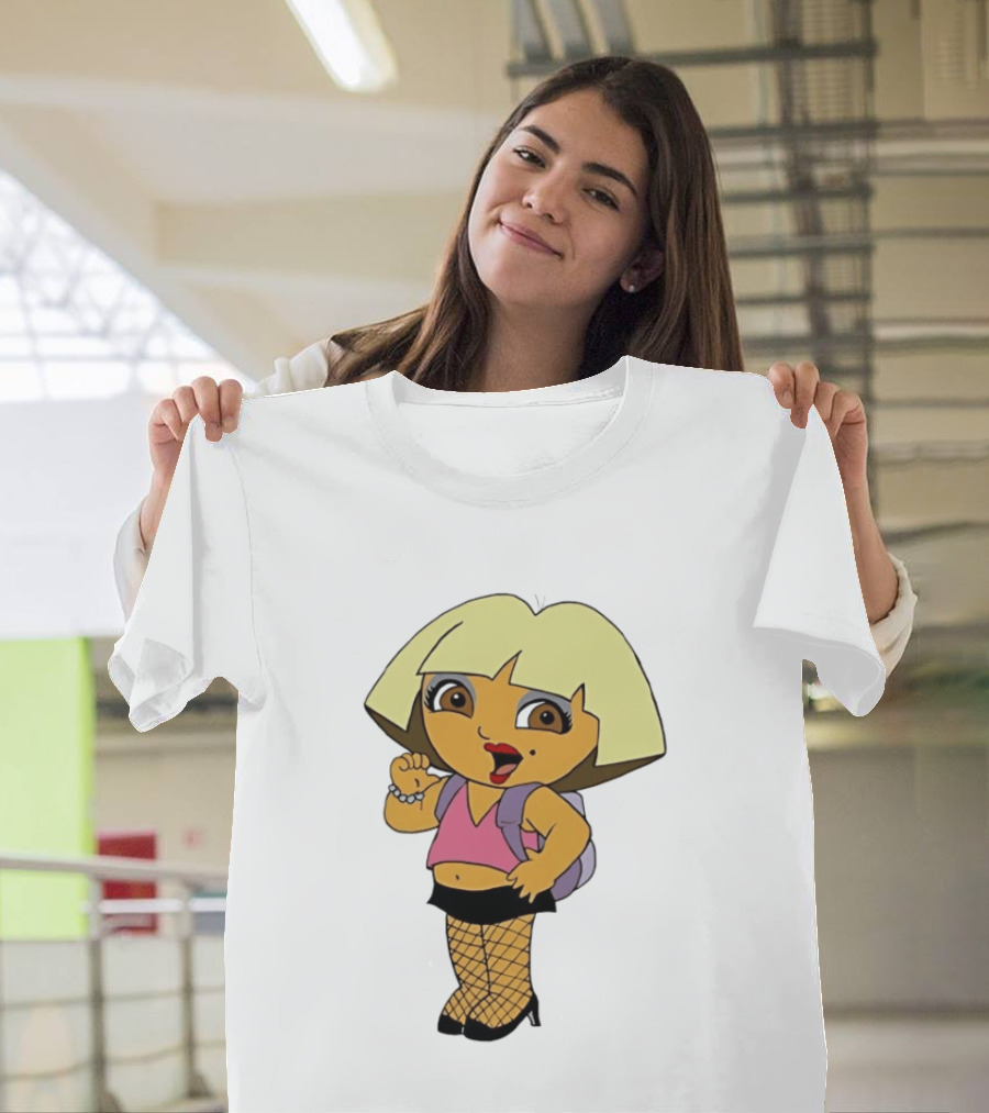 Explorer Parody Cartoon Mashup Pop Culture Icon With Backpack And Fishnets T-Shirt