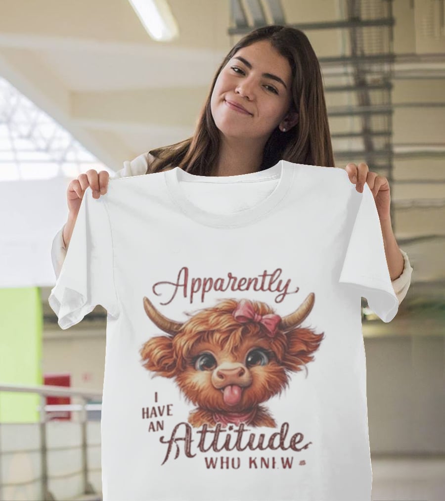 Apparently I Have An Attitude Who Knew Highland Cow Cute Bow T-Shirt