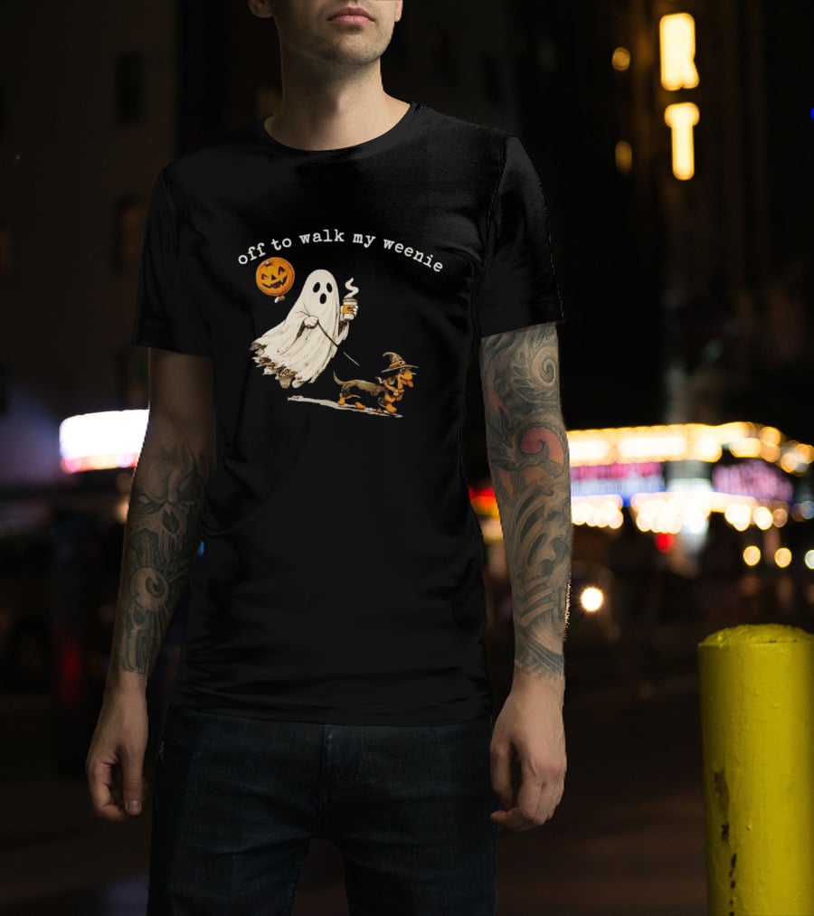 Ghost Walking With Pumpkin Balloon And Dachshund Halloween Fun T-Shirt